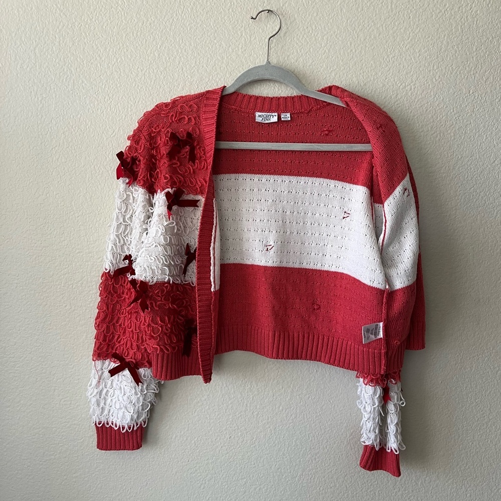 Mighty Fine Striped Red & White Bow Cardigan Sweater Women’s Size L - Picture 4 of 15